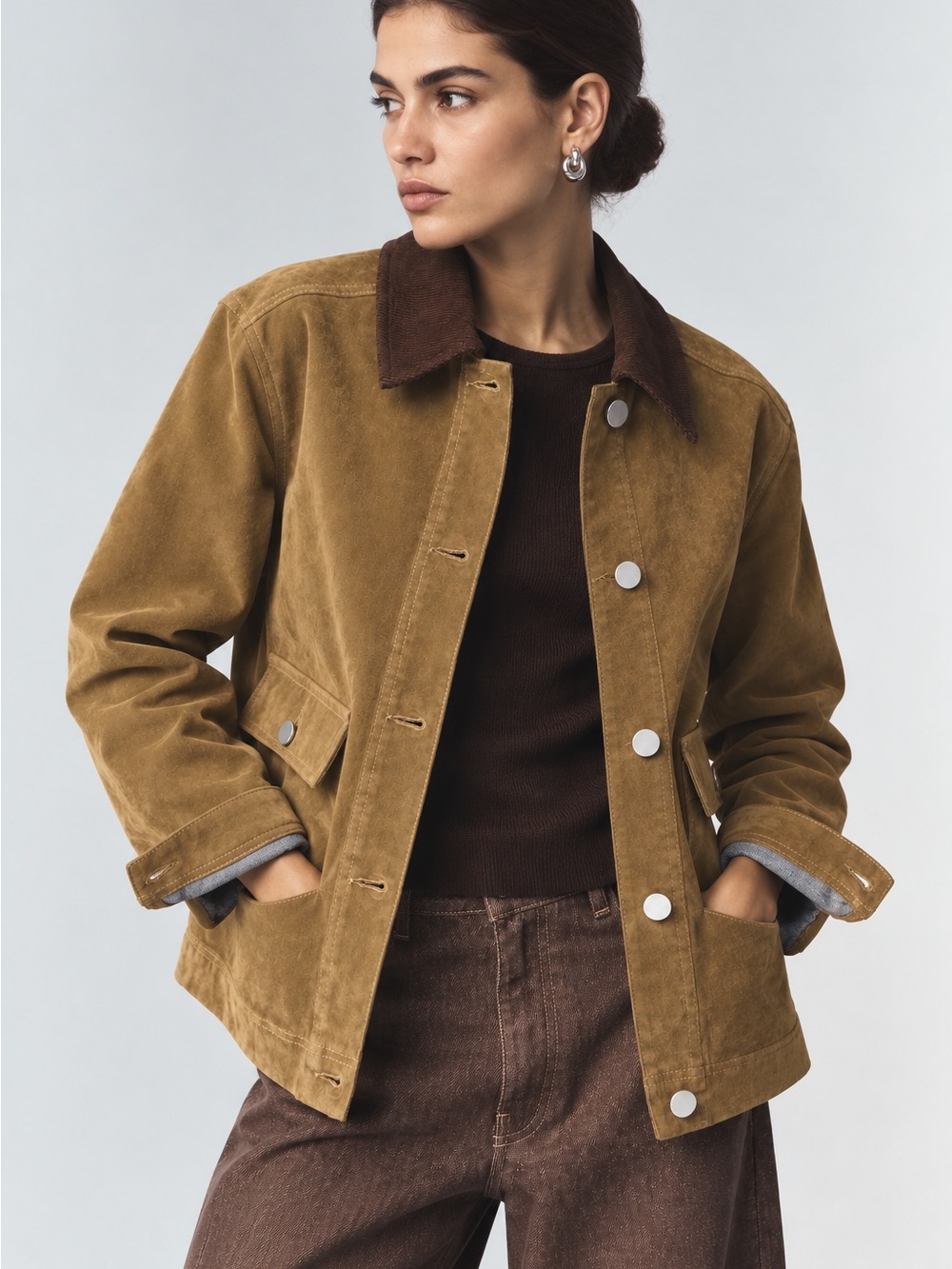 ALIGNE (Anthropologie) Bark Flock Barn Jacket L Sand Velvet Country Academia NWT